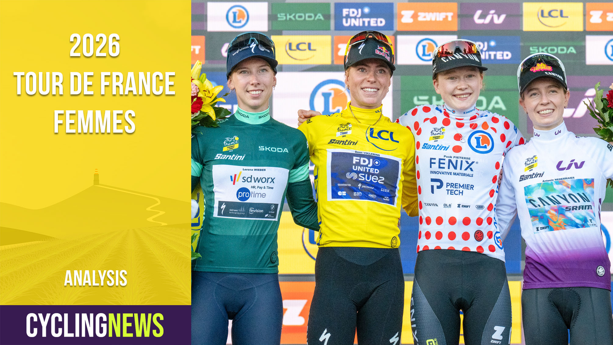 NIZA, FRANCIA - 9 DE AGOSTO: Lorena Wiebes de Holanda y TEAM SD WORX PROTIME (izquierda), Demi Vollering de Holanda y FDJ UNITED - SUEZ, Puck Pieterse de Holanda y FENIX-PREMIER TECH, y Antonia Niedermaier de Alemania y CANYON//SRAM (derecha) celebrando en el podio después del 5to Tour de Francia Femmes 2026, Etapa 9 a Etapa de 99,2km de Niza a Niza / #UCIWWT / 9 de agosto de 2026 en Niza, Francia. (Foto de Silvina Brodersohn - CameraSport vía Getty Images).
