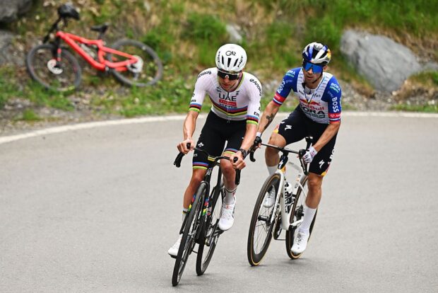 Tadej Pogacar (UAE Team Emirates - XRG) and Primoz Roglic (Red Bull - BORA - hansgrohe) during the 2026 Tour de Romandie 2026. (Photo by Dario Belingheri/Getty Images)