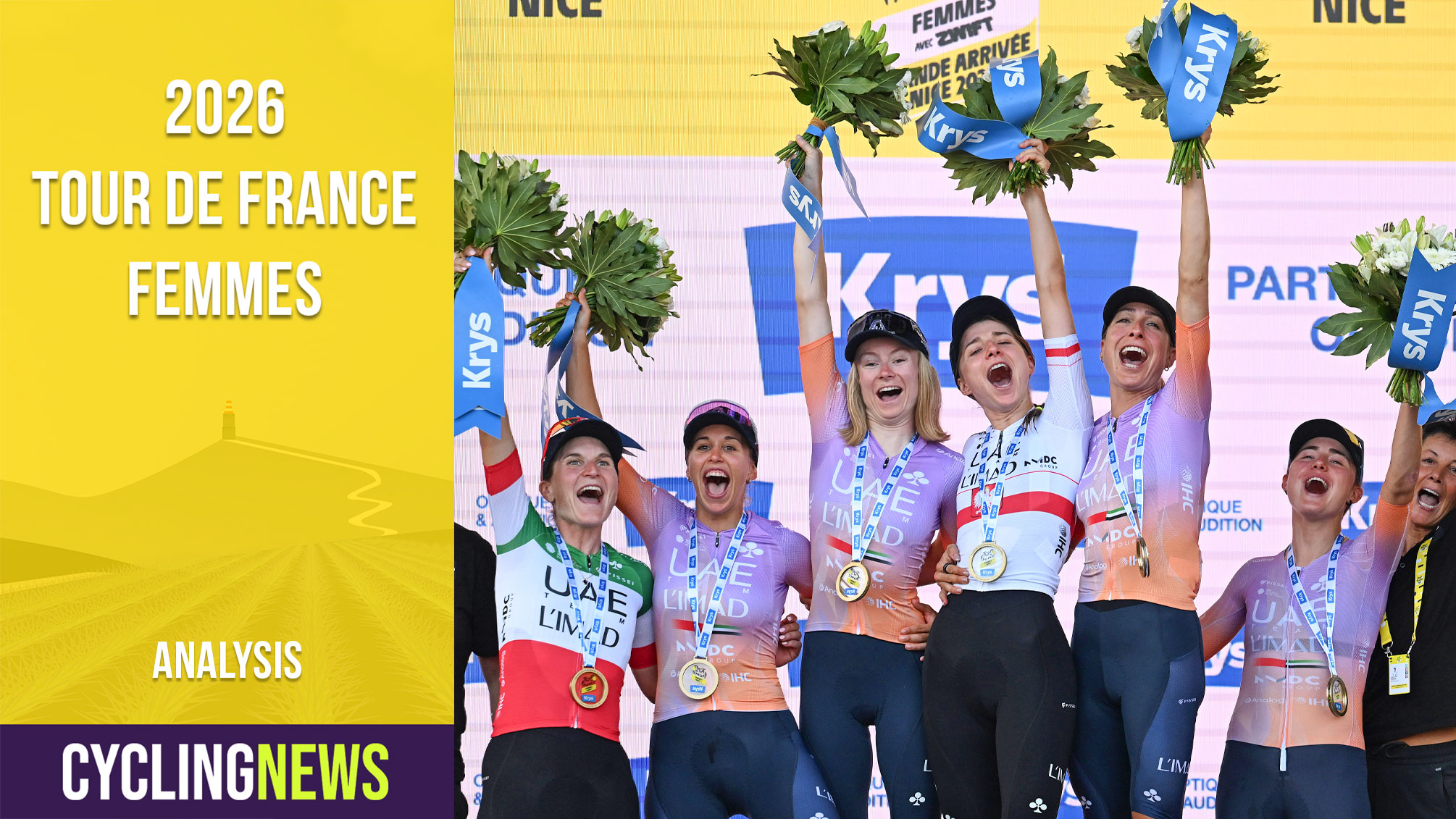 NIZA, FRANCIA - 9 DE AGOSTO: Dominika Wlodarczyk de Polonia, Paula Blasi Cairol de España, Margarita García de España, Elisa Longo Borghini de Italia, Silvia Persico de Italia, Maeva Squiban de Francia y el equipo L'IMAD de los EAU celebran en el podio como ganadores finales del premio al mejor equipo durante el quinto Tour de Francia Femmes 2026, etapa 9, una etapa de 99,2 km desde Niza hasta Niza / #UCIWWT / el 09 de agosto de 2026 en Niza, Francia. (Foto de Tim de Waele/Getty Images)