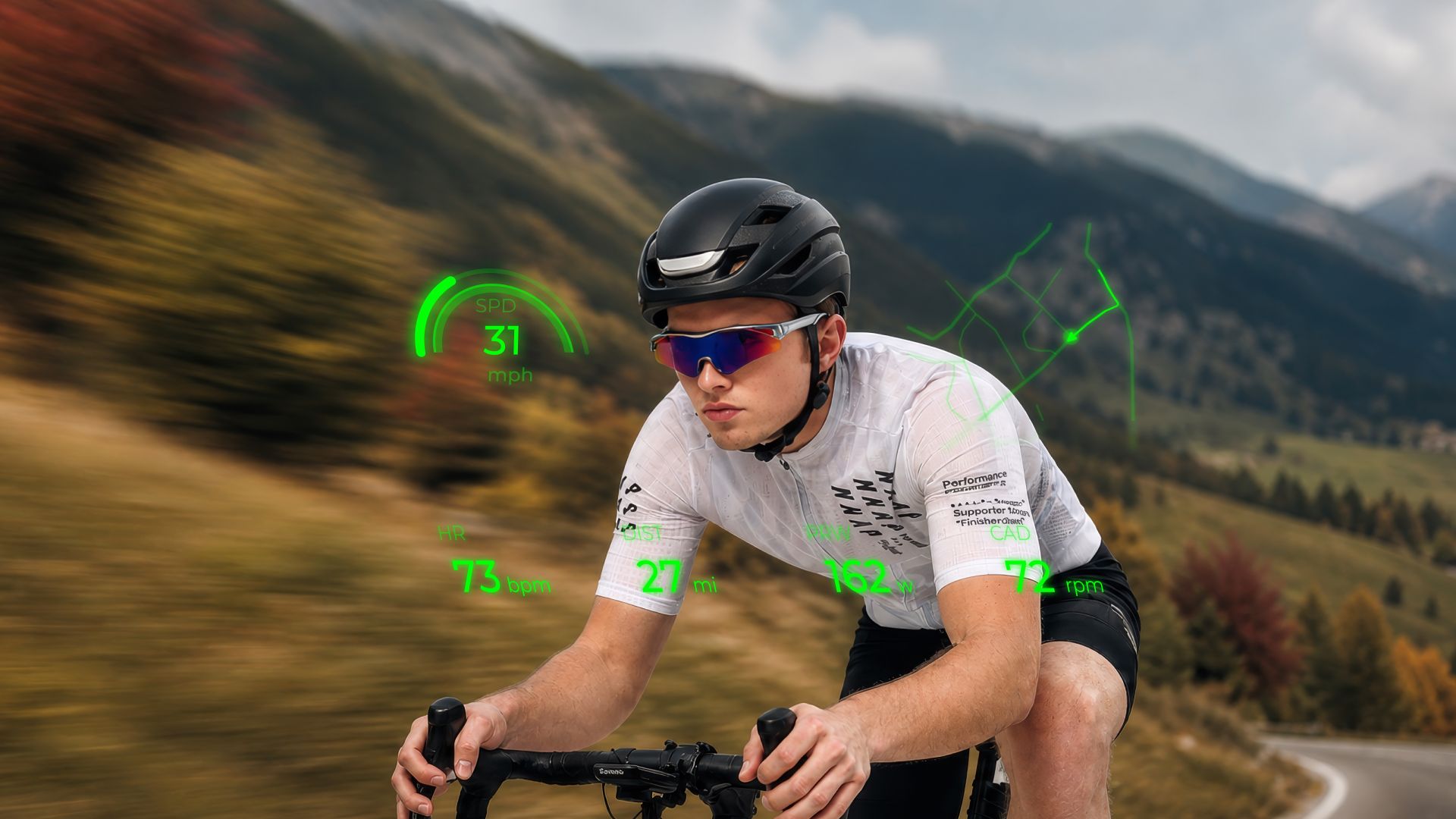 A rider wearing Cybersight Pro Hud sports glasses