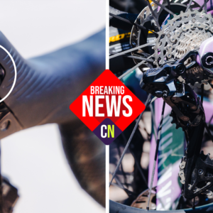 Two close up images of Shimano Dura-Ace, side by side, showing the shifter, derailleur and cassette, overlaid with a breaking news badge