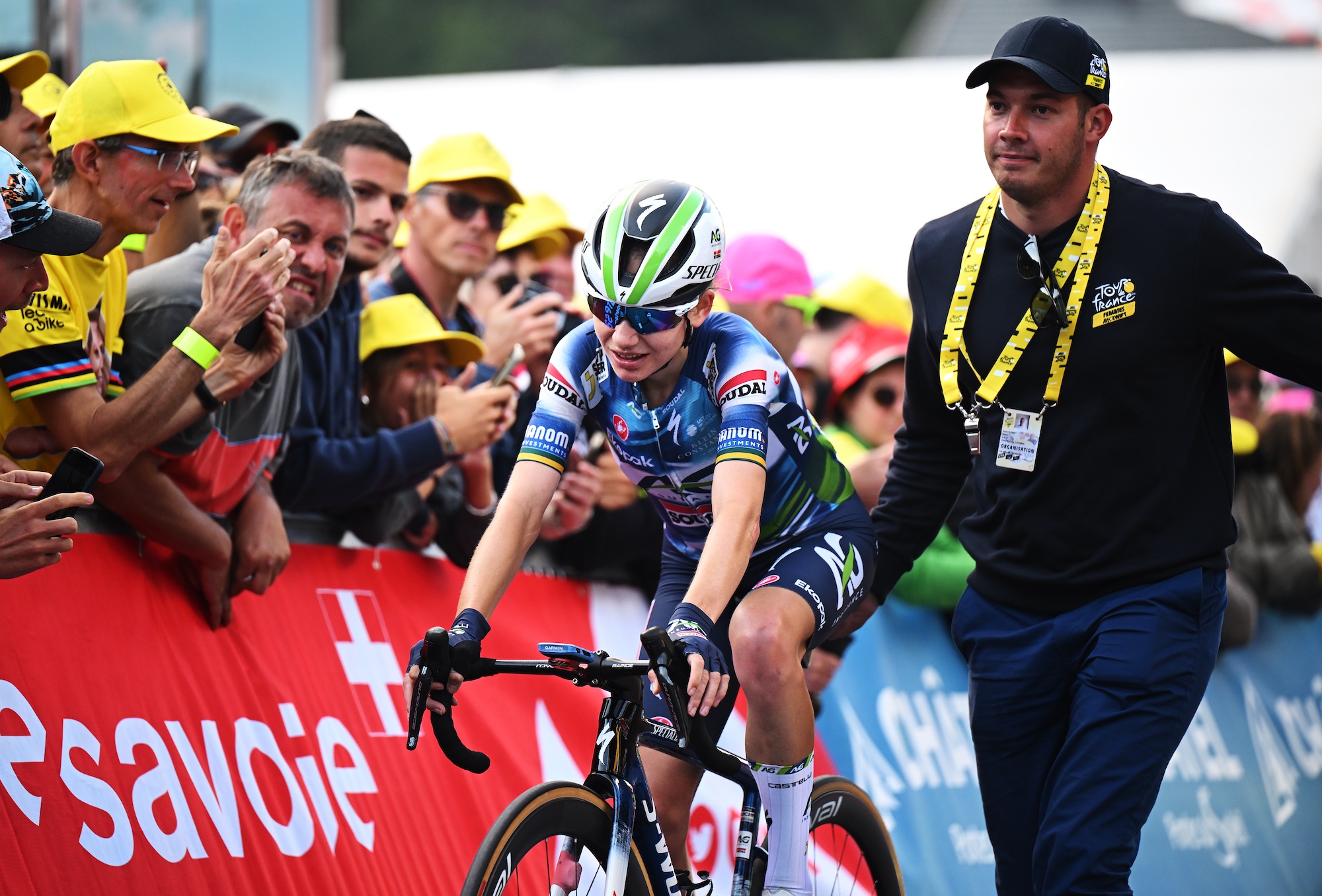 CHATEL LES PORTES DU SOLEIL, FRANCIA - 3 DE AGOSTO: Sarah Gigante de Australia y Team AG Insurance - Soudal reacciona después del 4to Tour de France Femmes 2025, Etapa 9, una etapa de 124,1 km desde Praz-sur-Arly hasta Chatel Les Portes du Soleilon 1298m / #UCIWWT / 3 de agosto de 2025 en Chatel Les Portes du Soleil, Francia. (Foto de Szymon Gruchalski/Getty Images)
