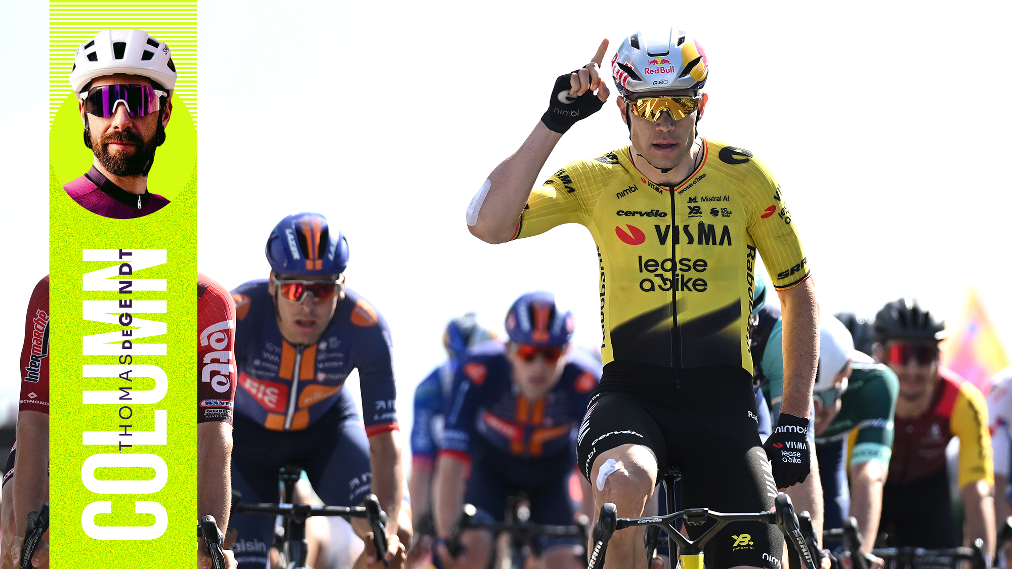 Image of Wout van Aert winning a stage of the Tour of Denmark, overlaid with a banner of Thomas De Gendt