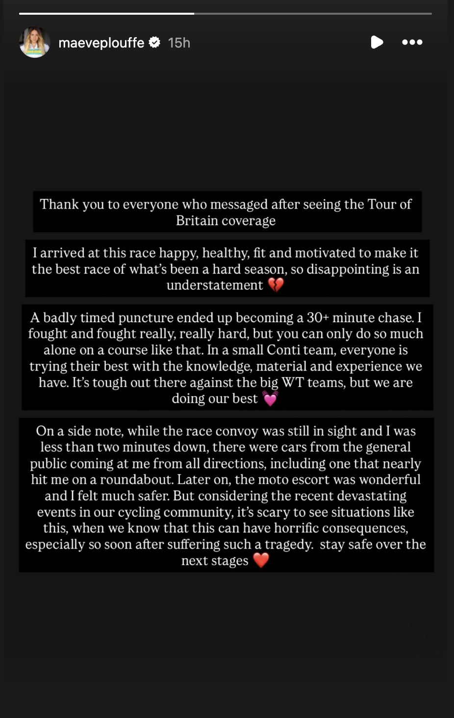 Historia de Instagram de Maeve Plouffe en el Tour de Gran Bretaña Femenino 2026