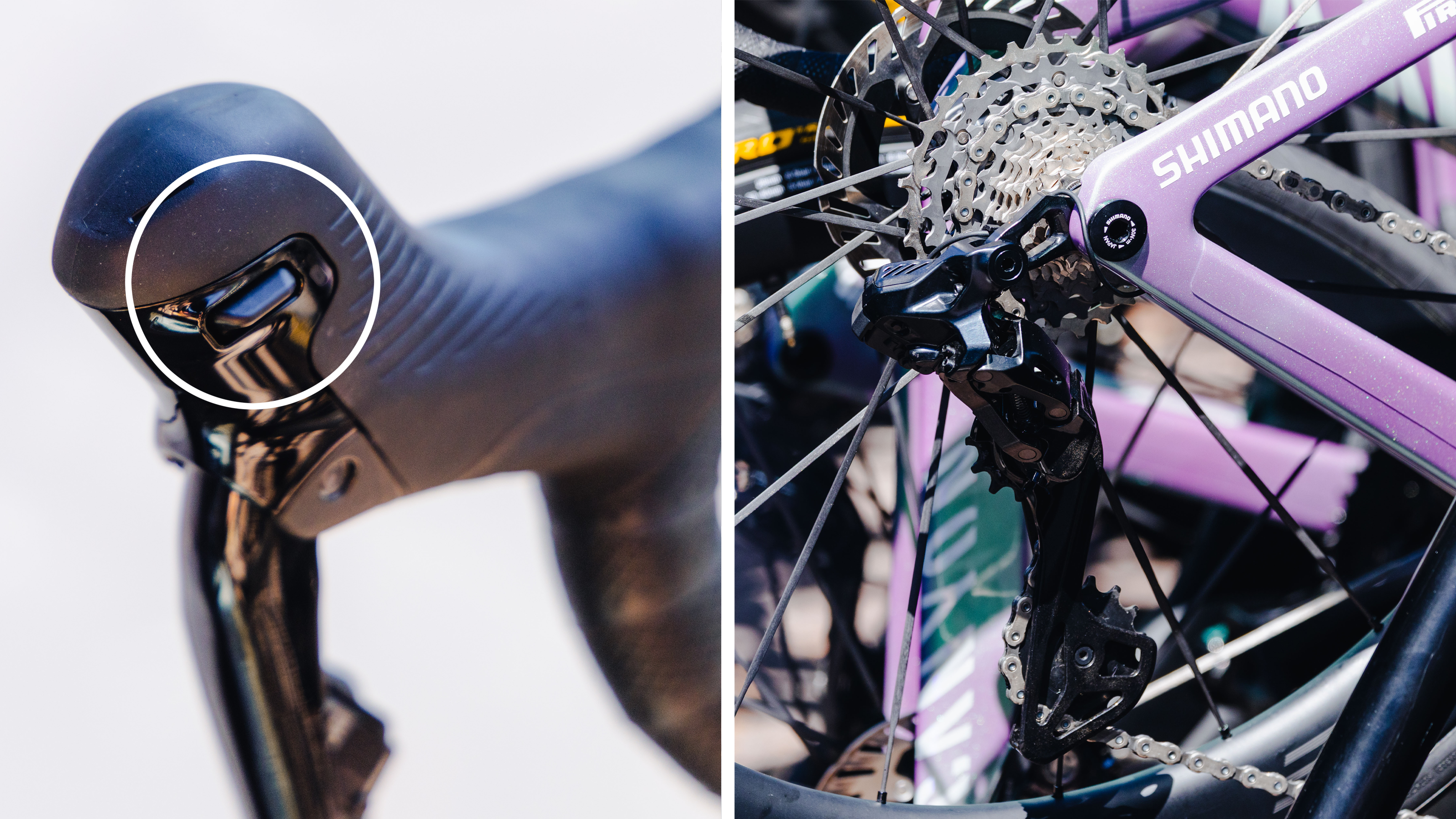Dos imágenes en primer plano de Shimano Dura-Ace, una al lado de la otra, que muestran la palanca de cambios, el desviador y el casete