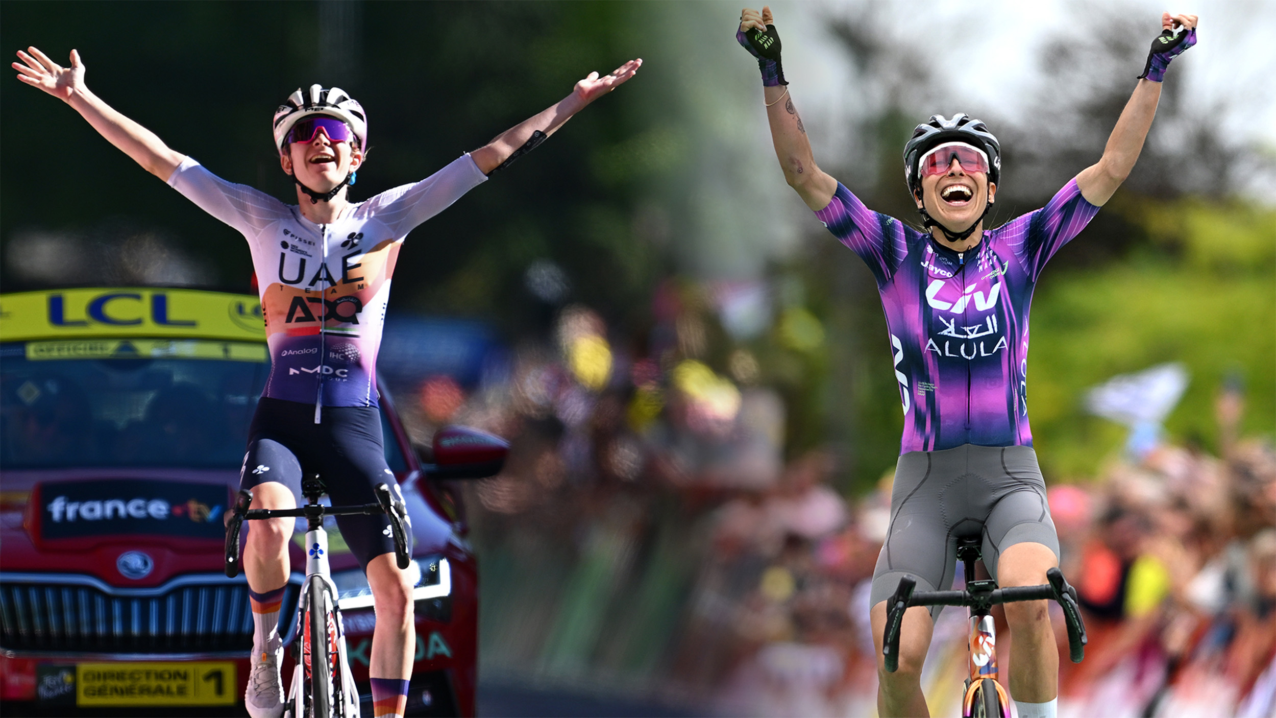Collage de Maeva Squiban y Mavi García celebrando la etapa ganadora en el Tour de Francia Femmes 2026