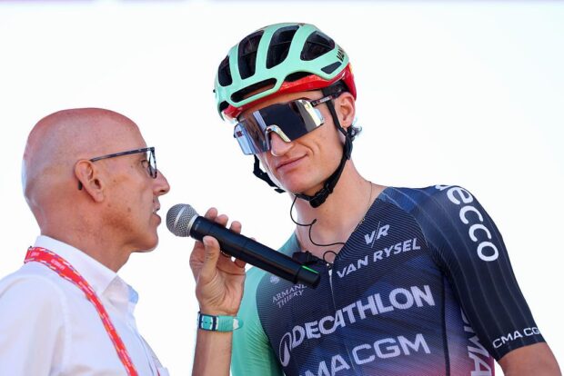 2026 Vuelta a España: Felix Gall gets interviewed at a stage start