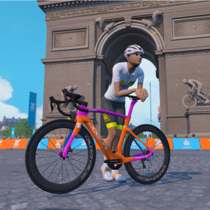A photo of a Zwift avatar leaning against a pink and orange Pinarello Dogma in the game