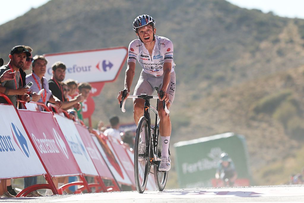 Oscar Onley of Great Britain and Netcompany INEOS Cycling Team - White Best Young Rider Jersey crosses the finish line during the La Vuelta
