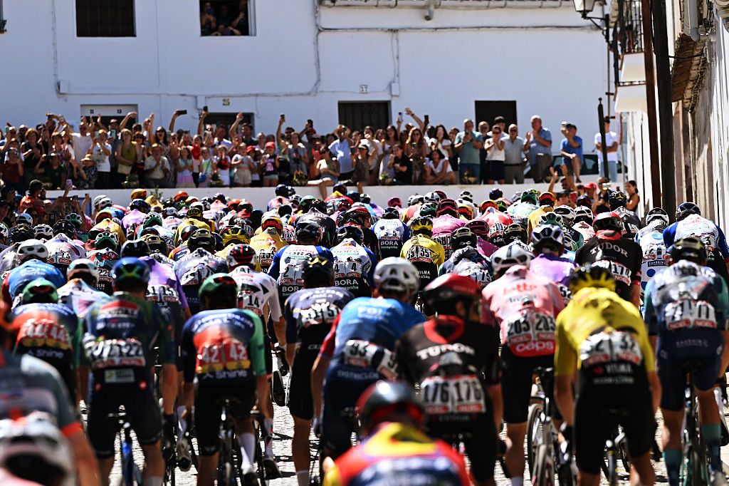A general view of the peloton competing prior to the La Vuelta - 81st Tour of Spain 2026, Stage 16 a 181.1km stage from Cortegana to Monasterio de La Rabida - Palos de la Frontera