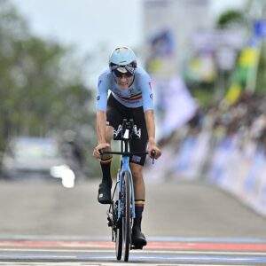 Belgian Seff van Kerckhove finishes third at the Men Junior Individual Time Trial at the 2025 UCI Road World Championships (Photo by DIRK WAEM/BELGA MAG/AFP via Getty Images)