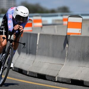 Brandon McNulty during the Men's Elite individual time trial at the 2026 UCI Road World Championships in Montreal. (Photo by Andrej Ivanov / AFP via Getty Images)