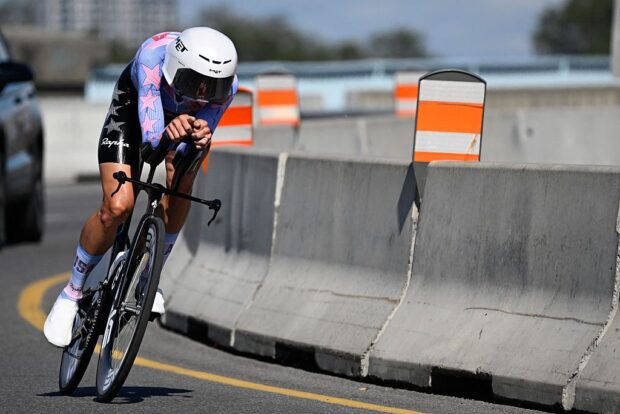 Brandon McNulty during the Men's Elite individual time trial at the 2026 UCI Road World Championships in Montreal. (Photo by Andrej Ivanov / AFP via Getty Images)