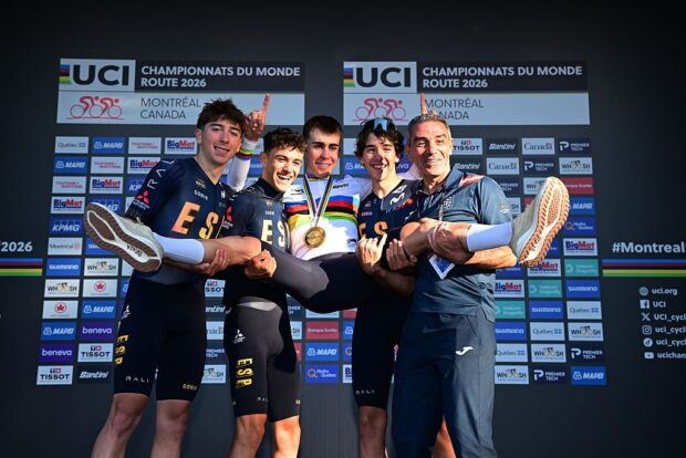 Gold medalist Benjamin Noval and Spanish Junior's Coach, Eleuterio "Lute" Anguita (Right) after 2026 UCI Road World Championships Montreal 2026, Men Junior Road Race in Montreal, Quebec. (Photo by Tim de Waele/Getty Images)