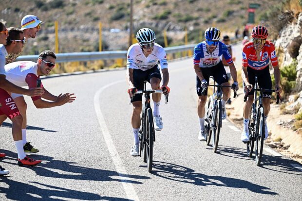 Oscar Onley of Great Britain and Netcompany INEOS Cycling Team - White Best Young Rider Jersey, Primoz Roglic of Slovenia and Team Red Bull - BORA - hansgrohe and Enric Mas of Spain and Movistar Team - Red Leader Jersey attack during the La Vuelta - 81st Tour of Spain 2026, Stage 9 a 187.4km stage from Villajoyosa to Alto de Aitana 1544m / #UCIWT / on August 30, 2026 in Alto de Aitana, Spain. (Photo by Tim de Waele/Getty Images)