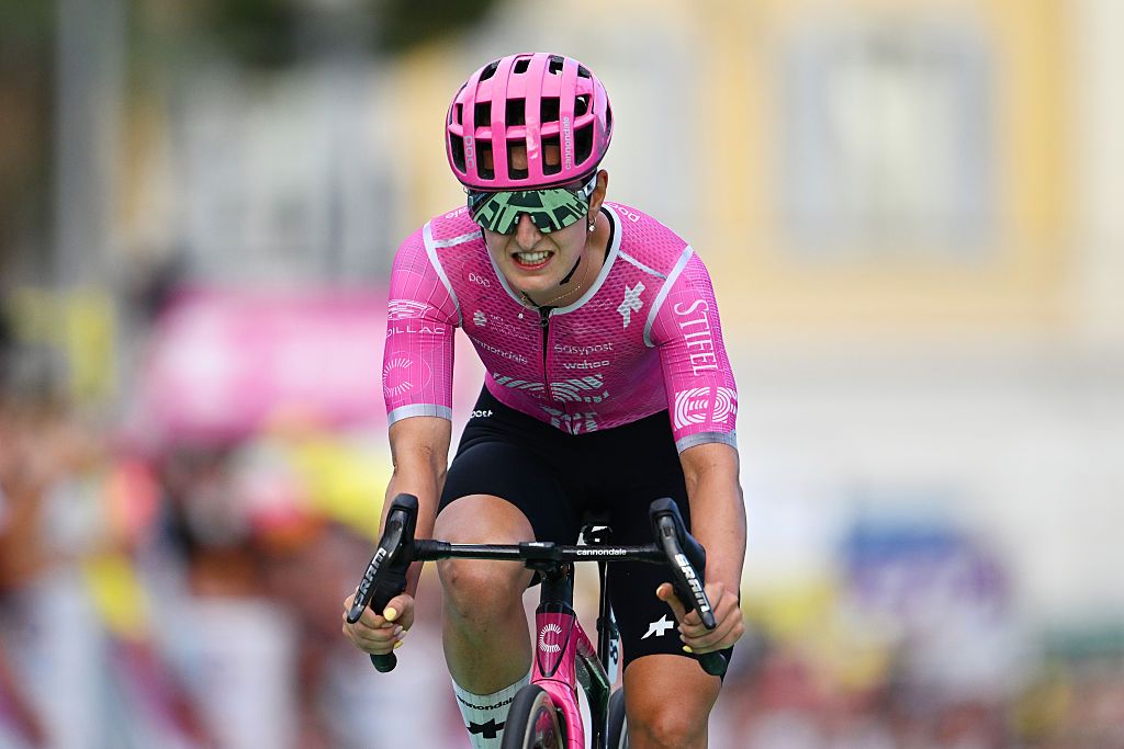 Cedrine Kerbaol (EF Education - Oatly) finishes stage 9 of the 2026 Tour de France Femmes avec Zwift in Nice