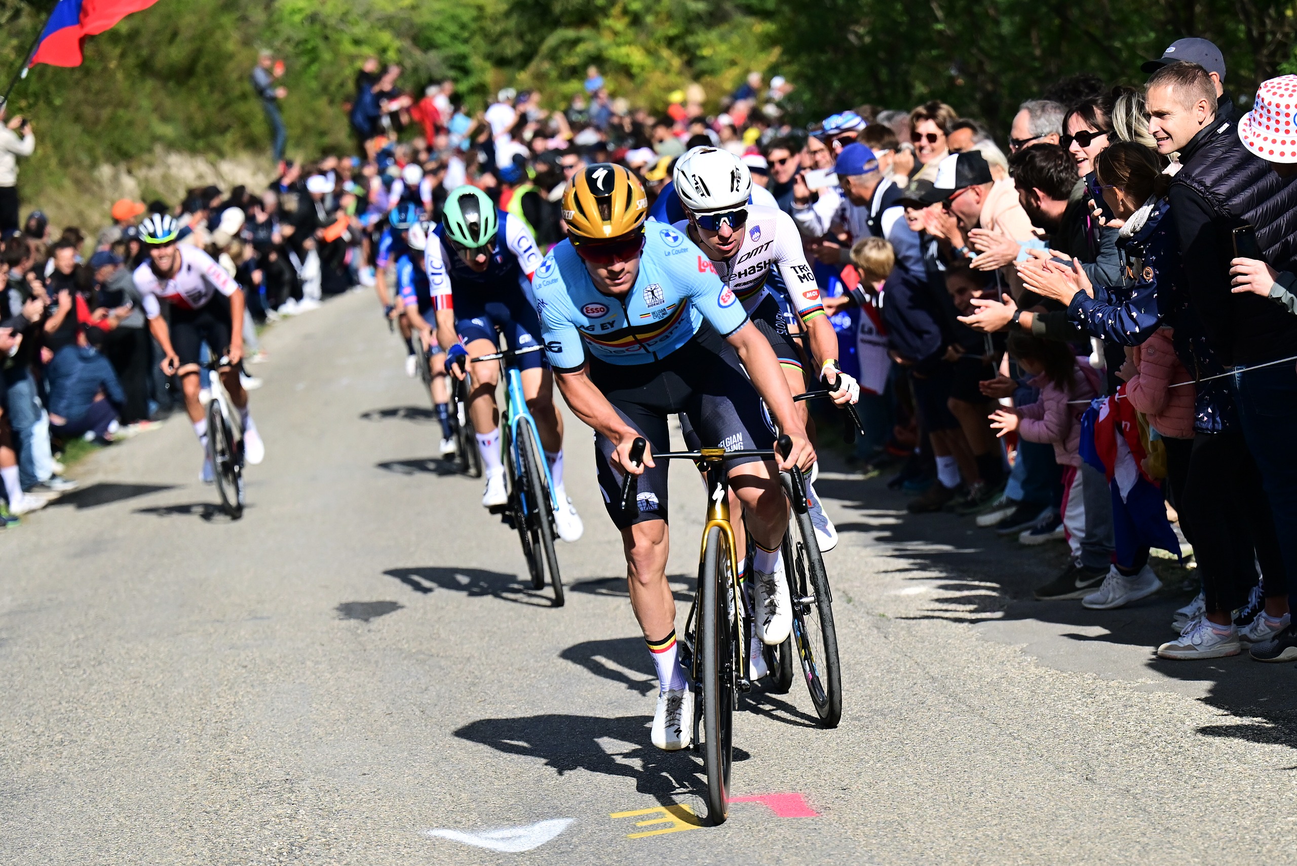Remco Evenepoel y el equipo de Bélgica y Tadej Pogacar y el equipo de Eslovenia atacan en la escapada durante el 31º Campeonato Europeo de Ciclismo en Carretera UEC 2025 - Carrera de élite masculina en carretera, una carrera de 202,5 ​​km desde Privas a Guilherand-Granges el 5 de octubre de 2025 en Guilherand-Granges, Francia. (Foto de Billy Ceusters/Getty Images)