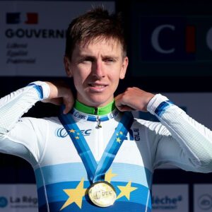 2025 European Championships: Tadej Pogačar celebrates victory in the elite men's race