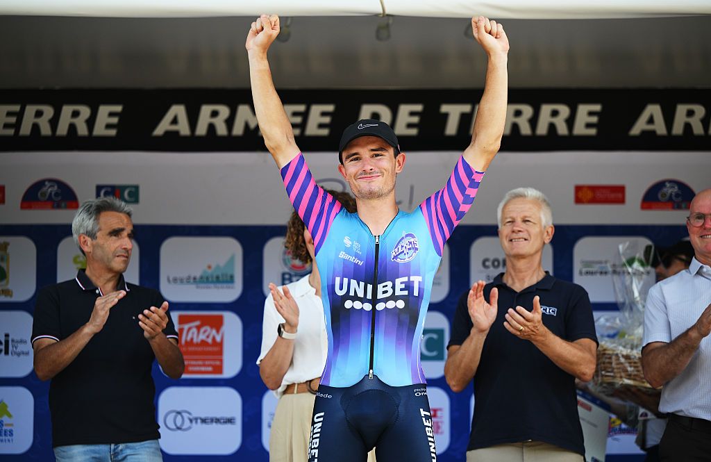 Ronan Auge (Unibet Rose Rockets) celebrates after winning stage 2 of the 2026 La Route d´Occitanie in Saint-Gaudens, France. (Photo by Alex Broadway/Getty Images)