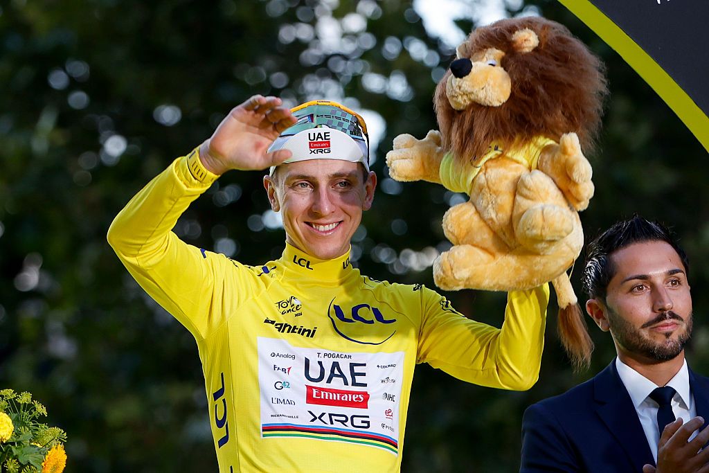 Tadej Pogacar (UAE Team Emirates - XRG) celebrates after winning the 2026 Tour de France in Paris, France. (Photo by Jean Catuffe/Getty Images)
