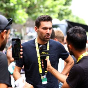 Tom Dumoulin of Netherlands ex pro rider meets the media press at start prior to the stage eleven of the 110th Tour de France 2023 a 179.8km from Clermont-Ferrand to Moulins / #UCIWT / on July 12, 2023 in Clermont-Ferrand, France.